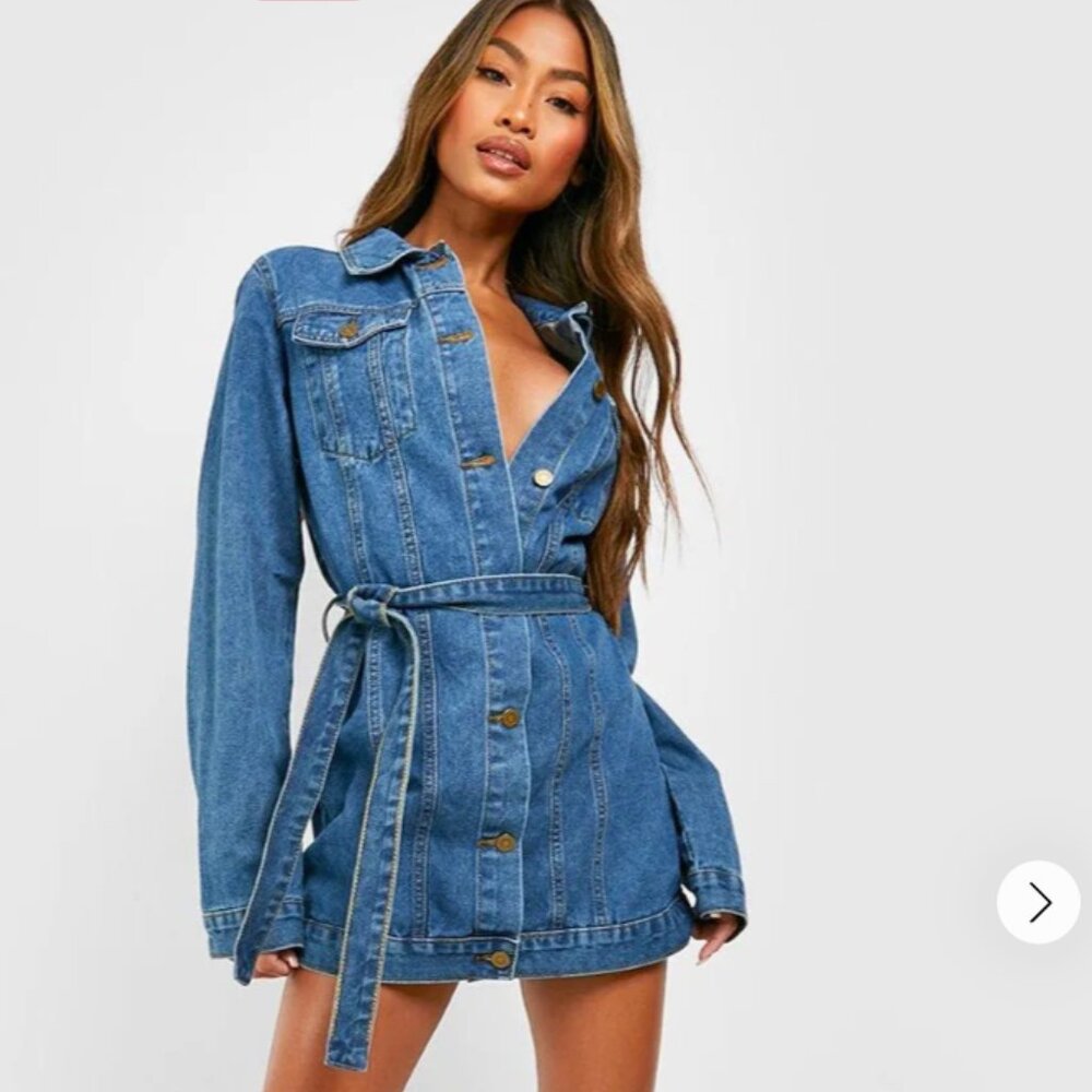 boohoo Belted Western Denim Micro Mini Shirt Dress  Colour: Mid Wash US Size 6